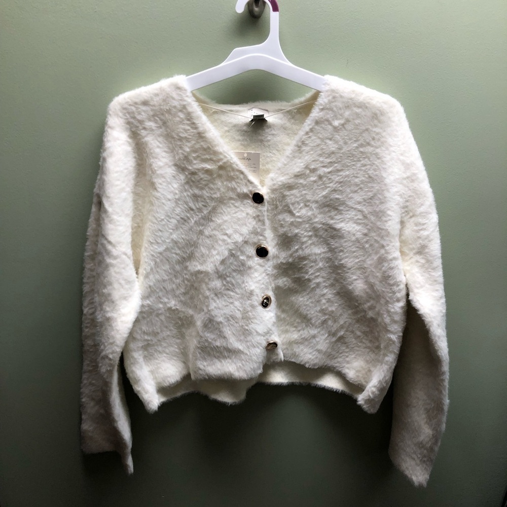 Cream Fuzzy Cardigan Sweater